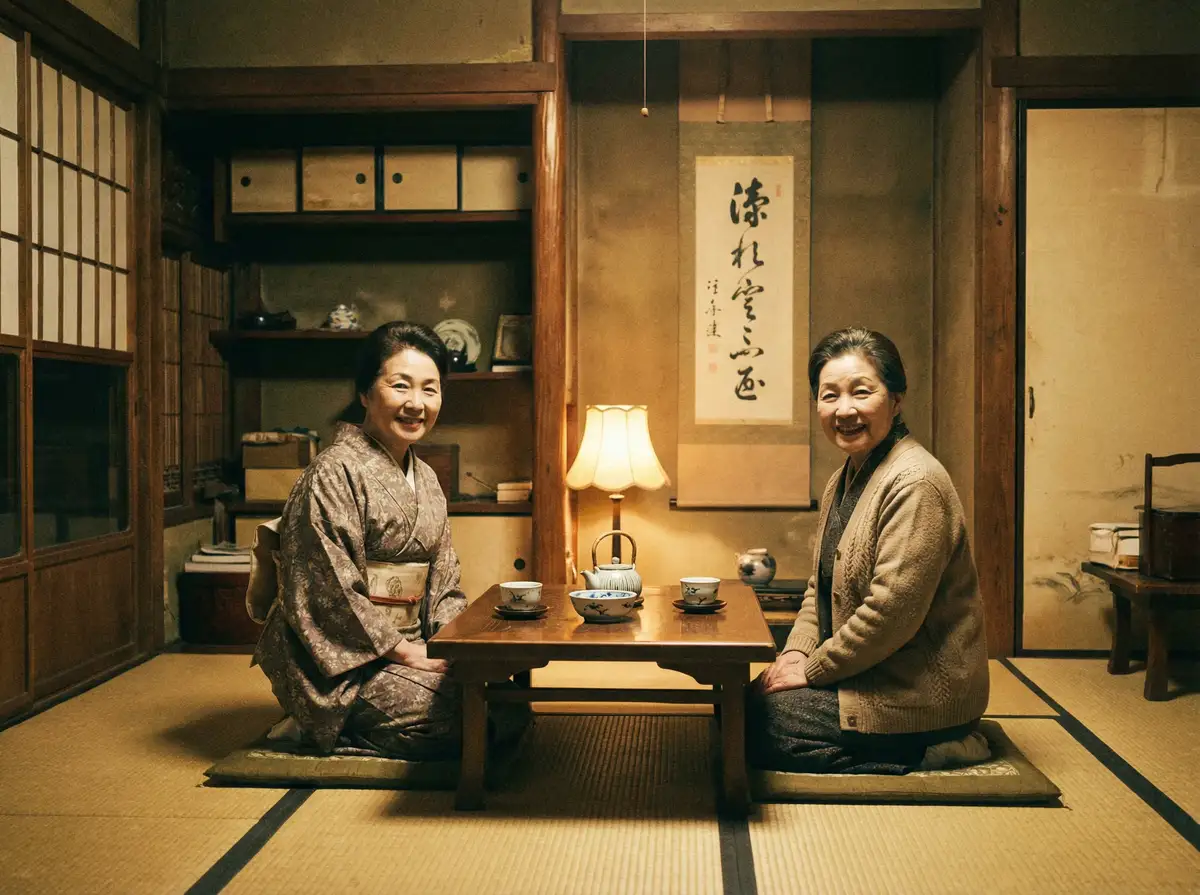 两位优雅的 安博体育 在日式茶室中品茶交谈